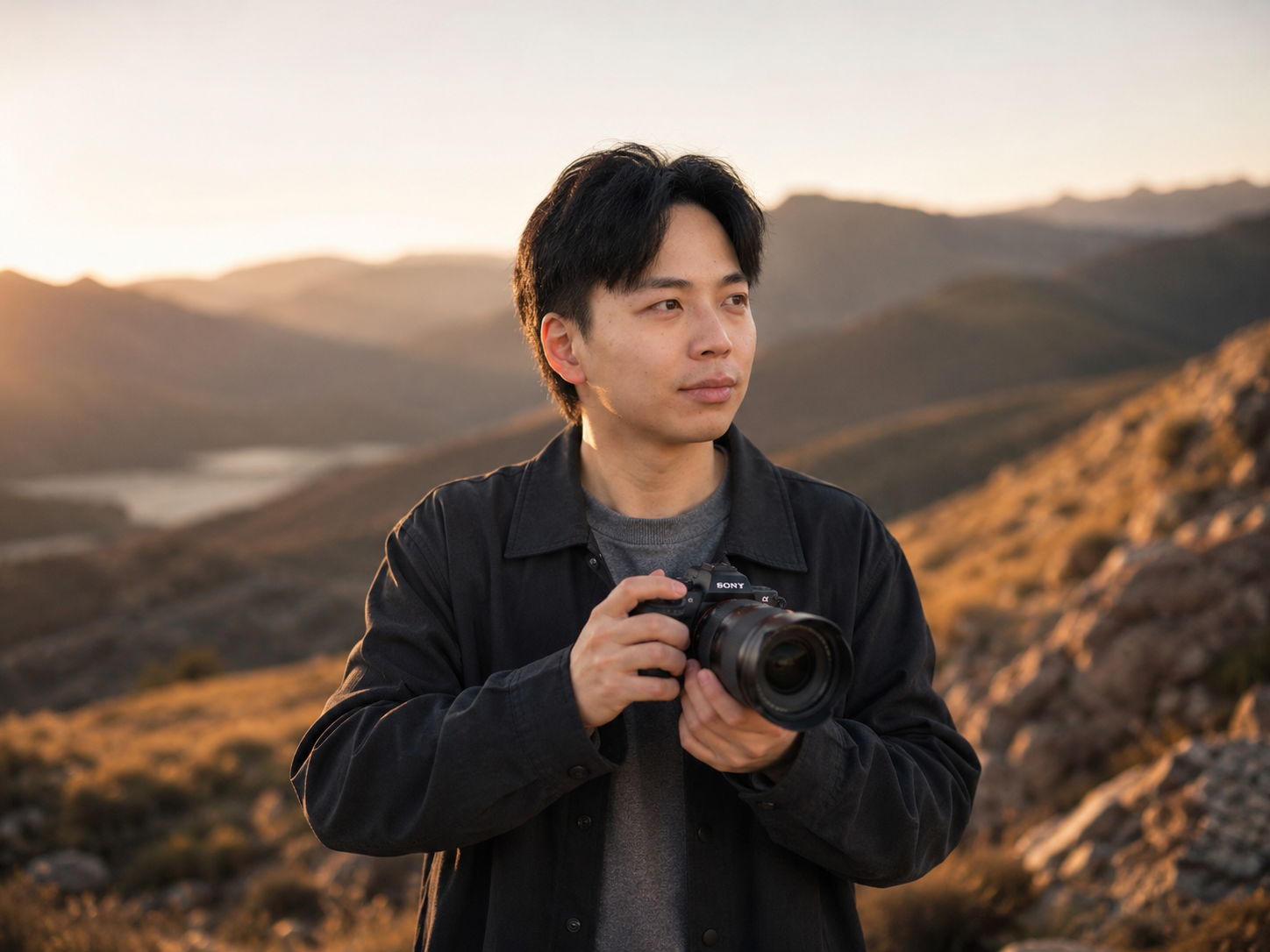 Dr Justin Lee photographing a landscape with a mirrorless camera