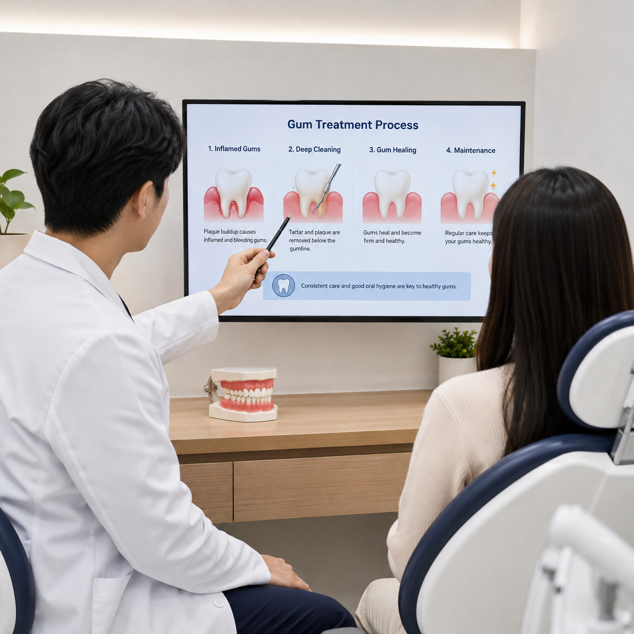 Dentist explaining the gum treatment process to a patient on a screen