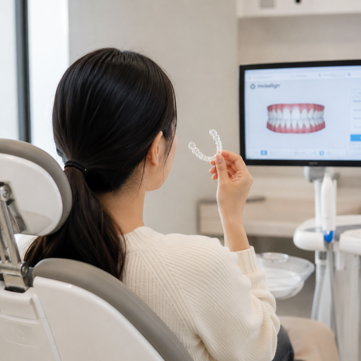 A clear Invisalign aligner tray used for orthodontic treatment