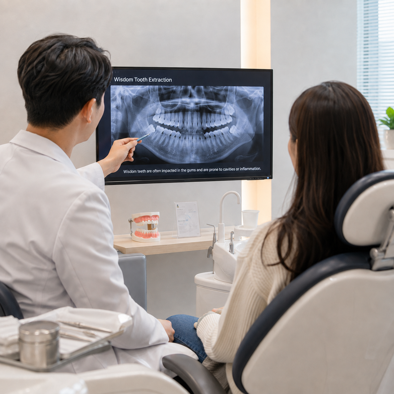 Dentist reviewing a wisdom tooth x-ray with a patient on a screen